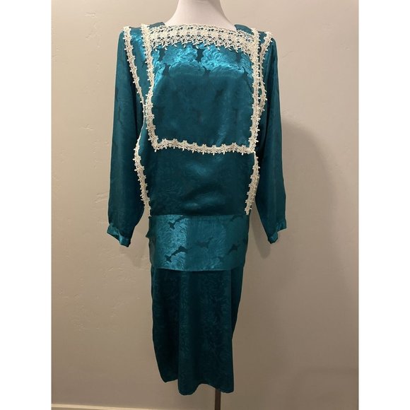 VTG 80's Scott McClintock GUNNE SAX Blue‎ Floral Silky Prairie Bib Dress sz.M-L - Picture 1 of 7
